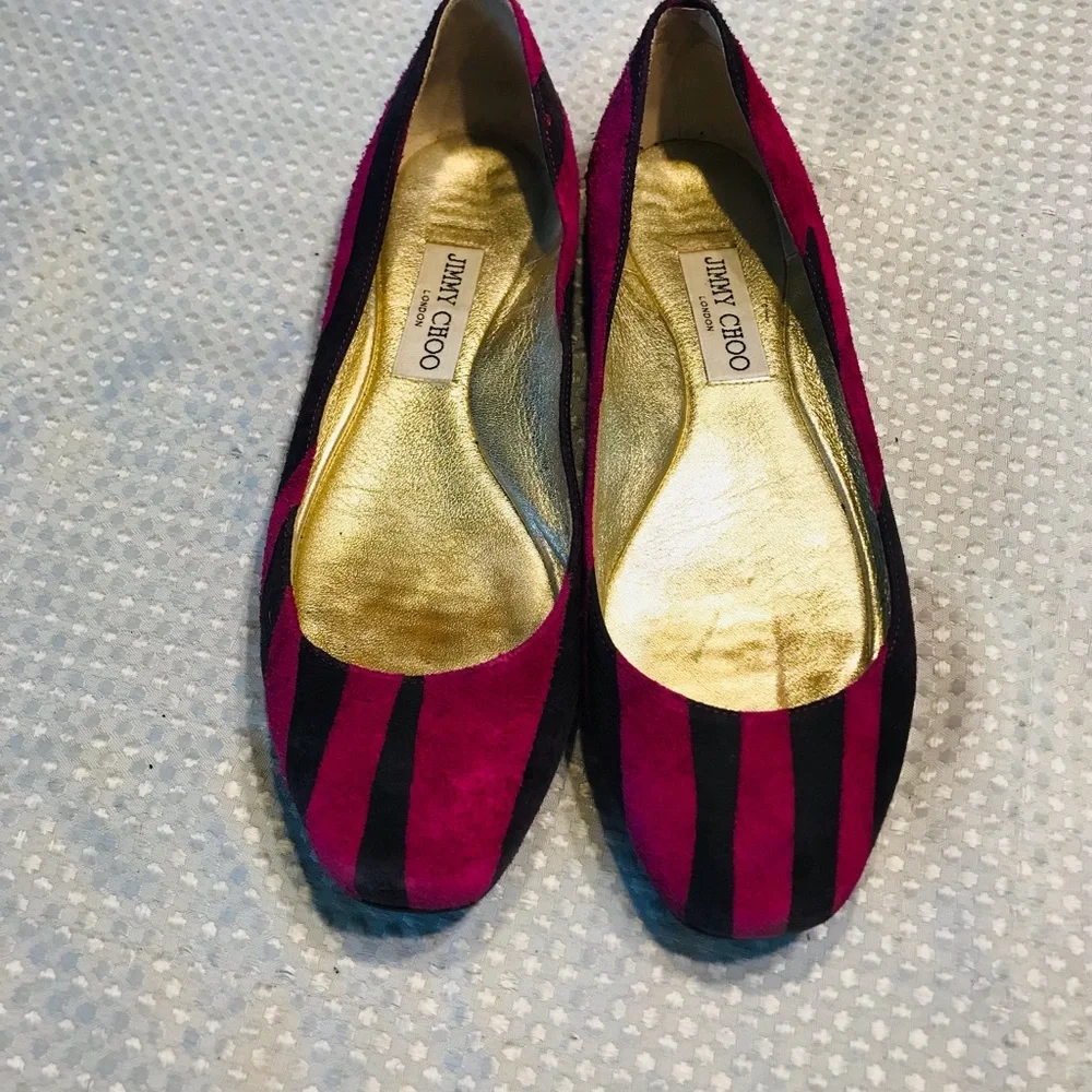 Jimmy Choo Pink and Black Striped Suede Ballet Flats